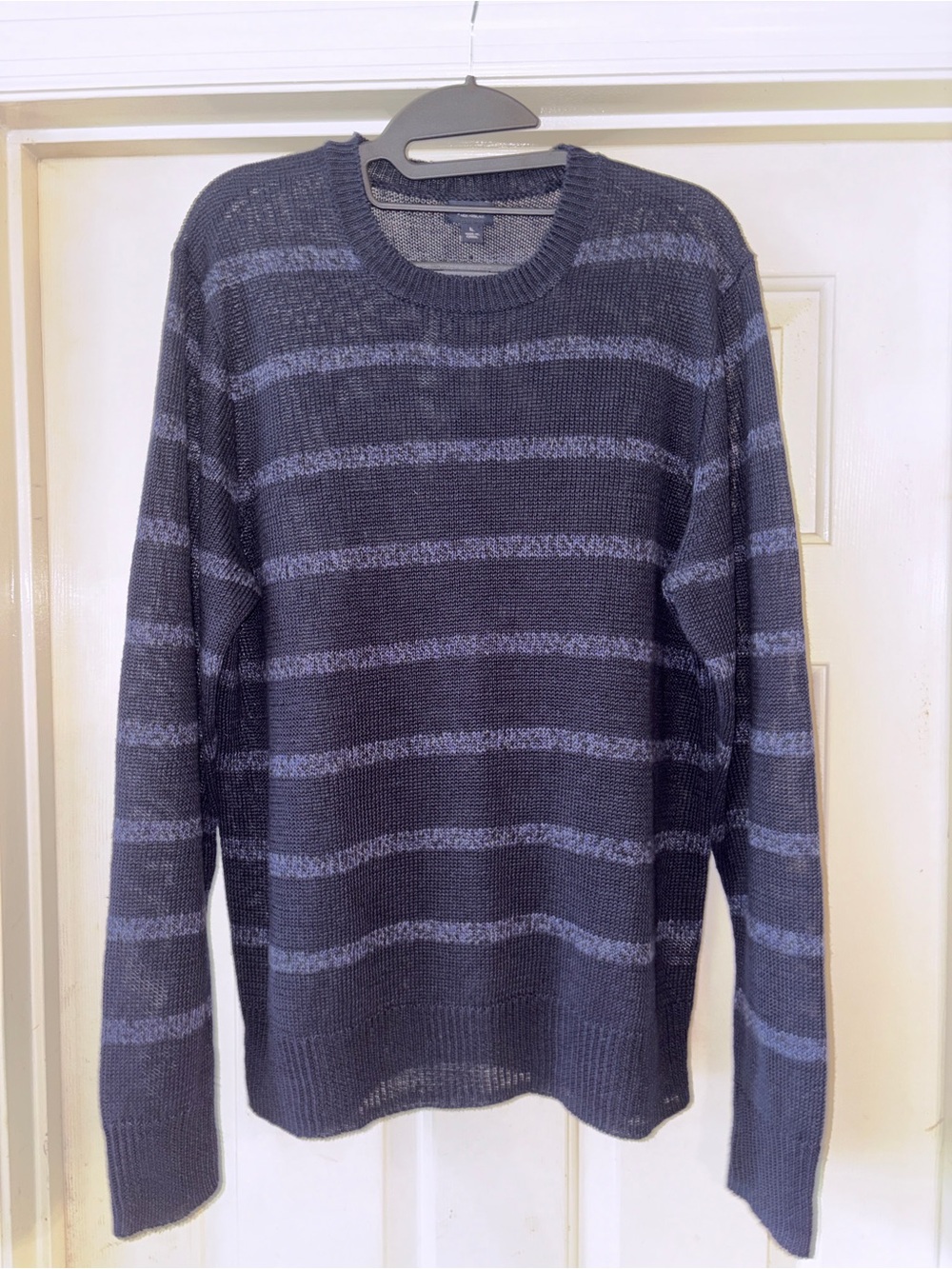 J. Crew 100% Linen Crewneck Sweater Navy/Blue Stripe Lightweight Layering